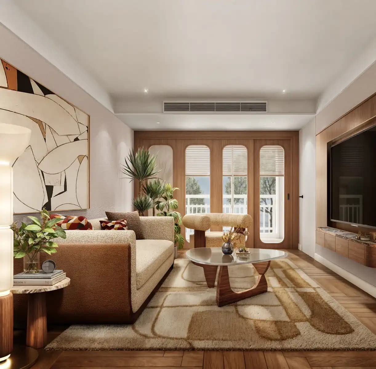 A warm residential living space framed by timber arches